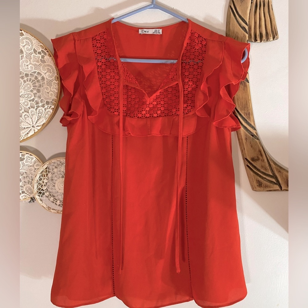 DEX tunic flutter sleeve with embellished, tie-front neckline